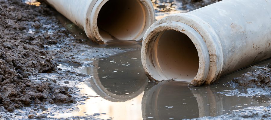 Wasseransammlung und Schlamm bei Rohren auf einer Baustelle